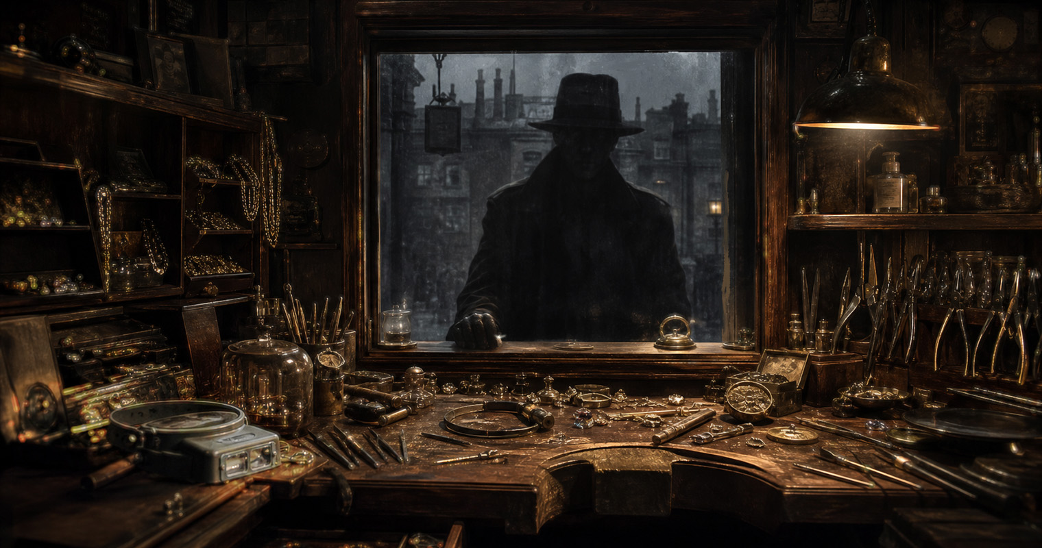 An illustration from one of the projects the Arctensor studio is working on - a shop owner simulator game set in dystopian times. The image shows a goldsmith's shop with lots of tools and a set of jeweller goggles. A dark figure is standing at the shopping window.